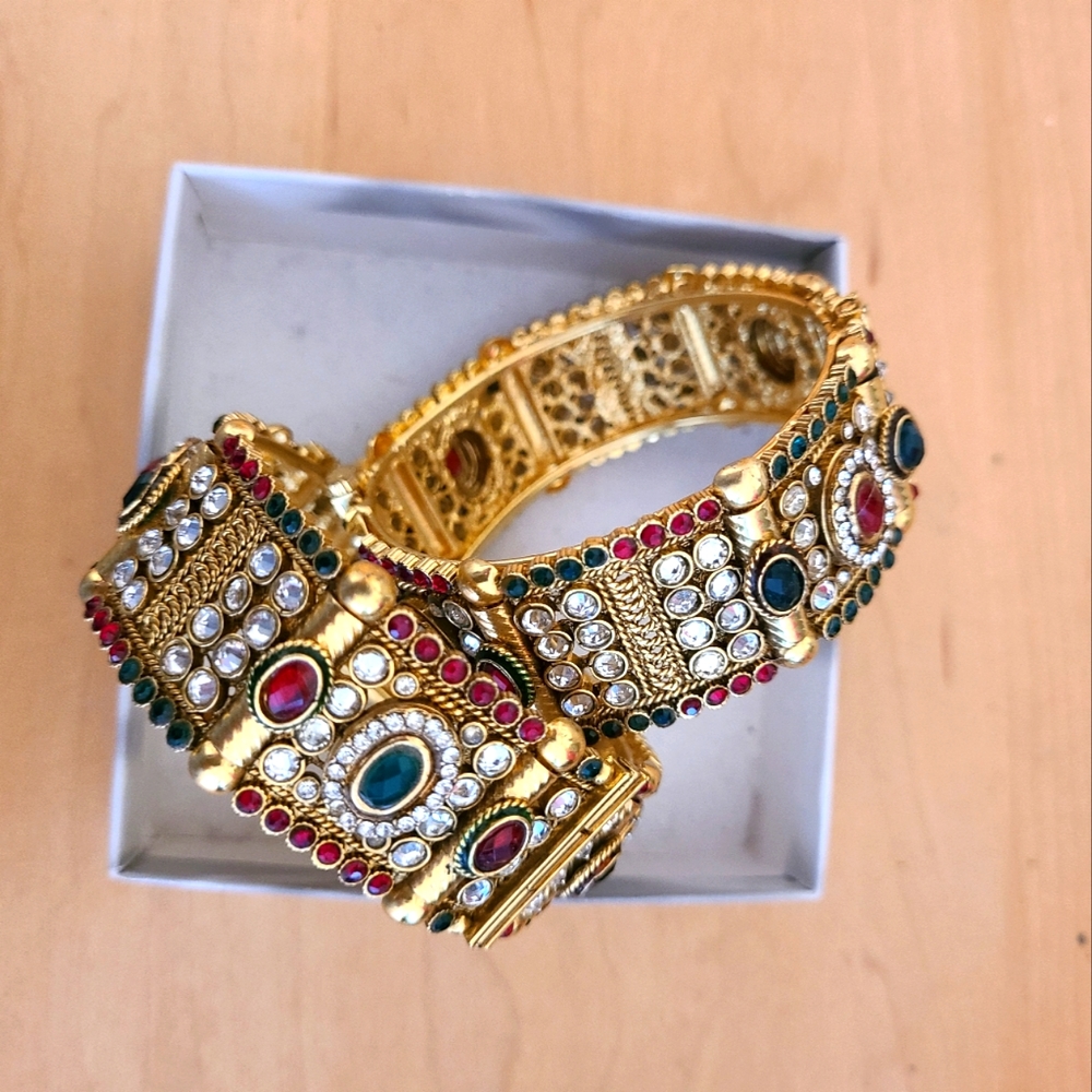 Gold-Tone Multicolor Stone Indian Style Bangle Bracelet